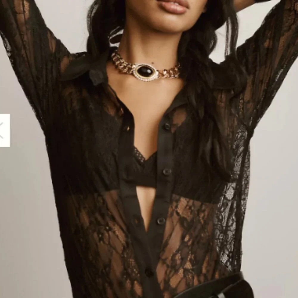 Anthropologie Black Lace Button Front Bodysuit Satin Trim Long Sleeve S - Picture 3 of 7